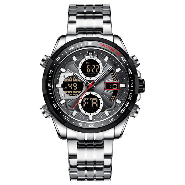 A stainless steel silver watch with a multifunctional dial including analog and digital displays, and a metallic band. Discover timezone watches: elegant branded wrist watch for men in pakistan.