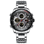 A stainless steel silver watch with a multifunctional dial including analog and digital displays, and a metallic band. Discover timezone watches: elegant branded wrist watch for men in pakistan.