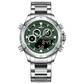 A silver-colored stainless steel watch with a digital display and a traditional analog date display, featuring a textured dial and a silver band. Discover timezone watches: elegant branded wrist watch for men in pakistan.