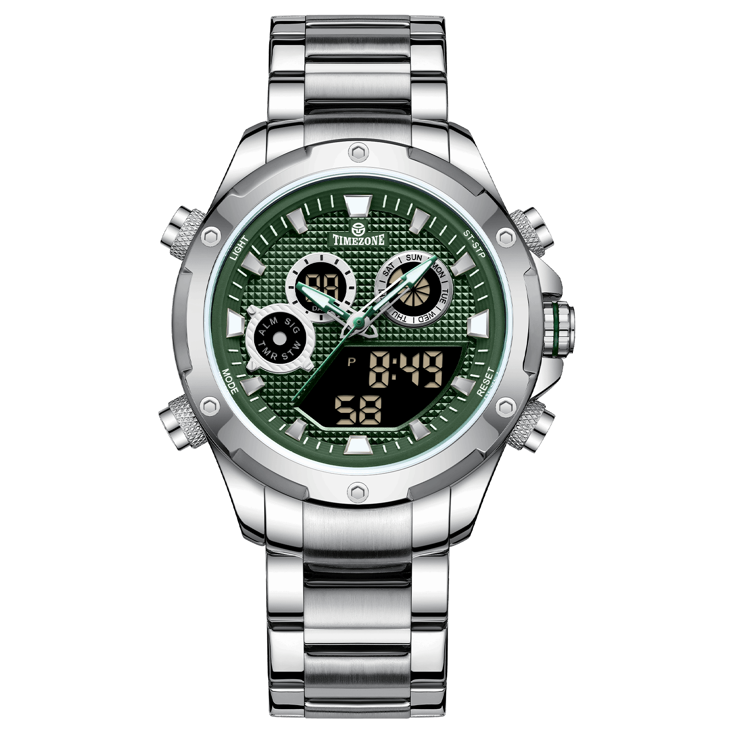 A silver-colored stainless steel watch with a digital display and a traditional analog date display, featuring a textured dial and a silver band. Discover timezone watches: elegant branded wrist watch for men in pakistan.