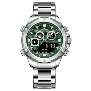 A silver-colored stainless steel watch with a digital display and a traditional analog date display, featuring a textured dial and a silver band. Discover timezone watches: elegant branded wrist watch for men in pakistan.