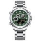 A silver-colored stainless steel watch with a digital display and a traditional analog date display, featuring a textured dial and a silver band. Discover timezone watches: elegant branded wrist watch for men in pakistan.