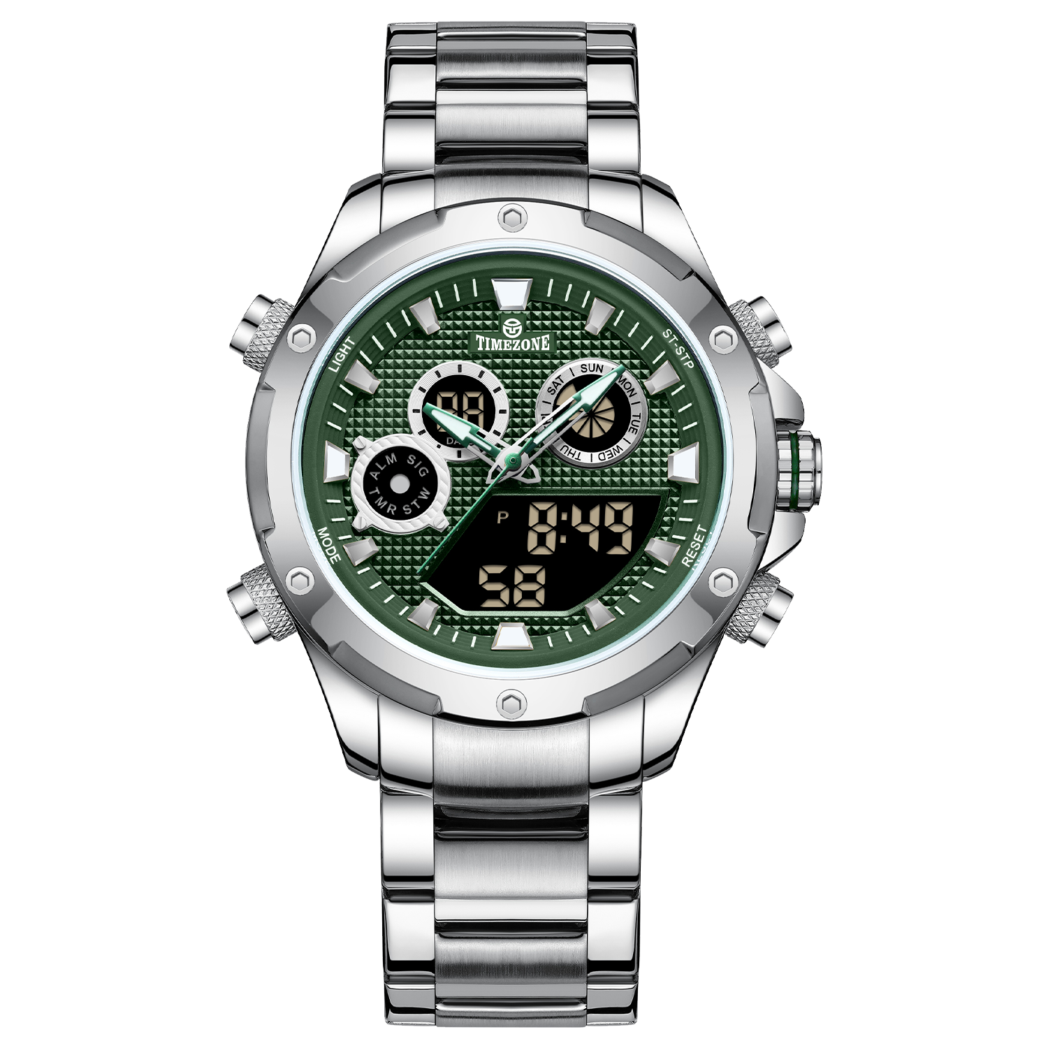 A silver-colored stainless steel watch with a digital display and a traditional analog date display, featuring a textured dial and a silver band. Discover timezone watches: elegant branded wrist watch for men in pakistan.