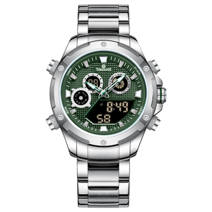 A silver-colored stainless steel watch with a digital display and a traditional analog date display, featuring a textured dial and a silver band. Discover timezone watches: elegant branded wrist watch for men in pakistan.