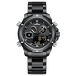 A black-colored stainless steel watch with a digital display and a traditional analog date display, featuring a textured dial and a black band. Discover timezone watches: elegant branded wrist watch for men in pakistan.
