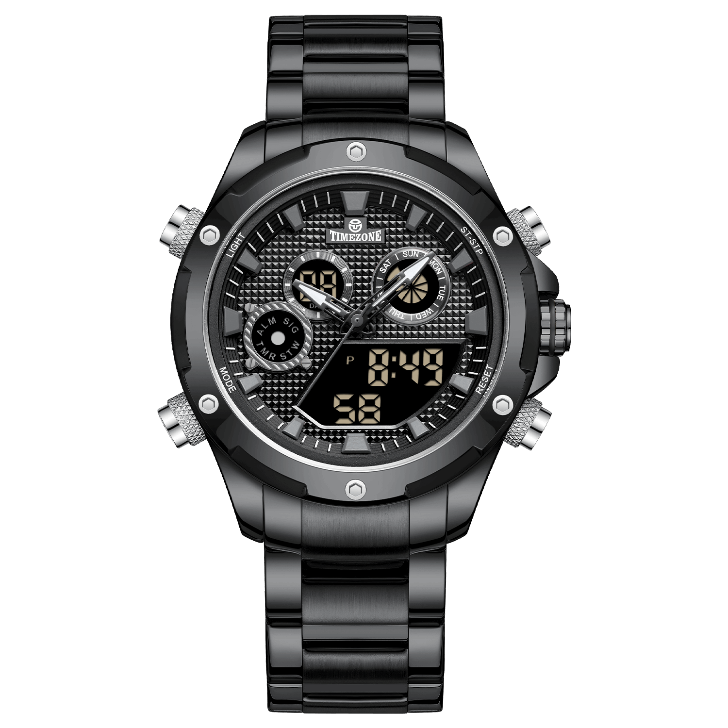 A black-colored stainless steel watch with a digital display and a traditional analog date display, featuring a textured dial and a black band. Discover timezone watches: elegant branded wrist watch for men in pakistan.