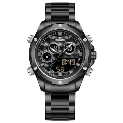 A black-colored stainless steel watch with a digital display and a traditional analog date display, featuring a textured dial and a black band. Discover timezone watches: elegant branded wrist watch for men in pakistan.