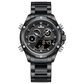 A black-colored stainless steel watch with a digital display and a traditional analog date display, featuring a textured dial and a black band. Discover timezone watches: elegant branded wrist watch for men in pakistan.