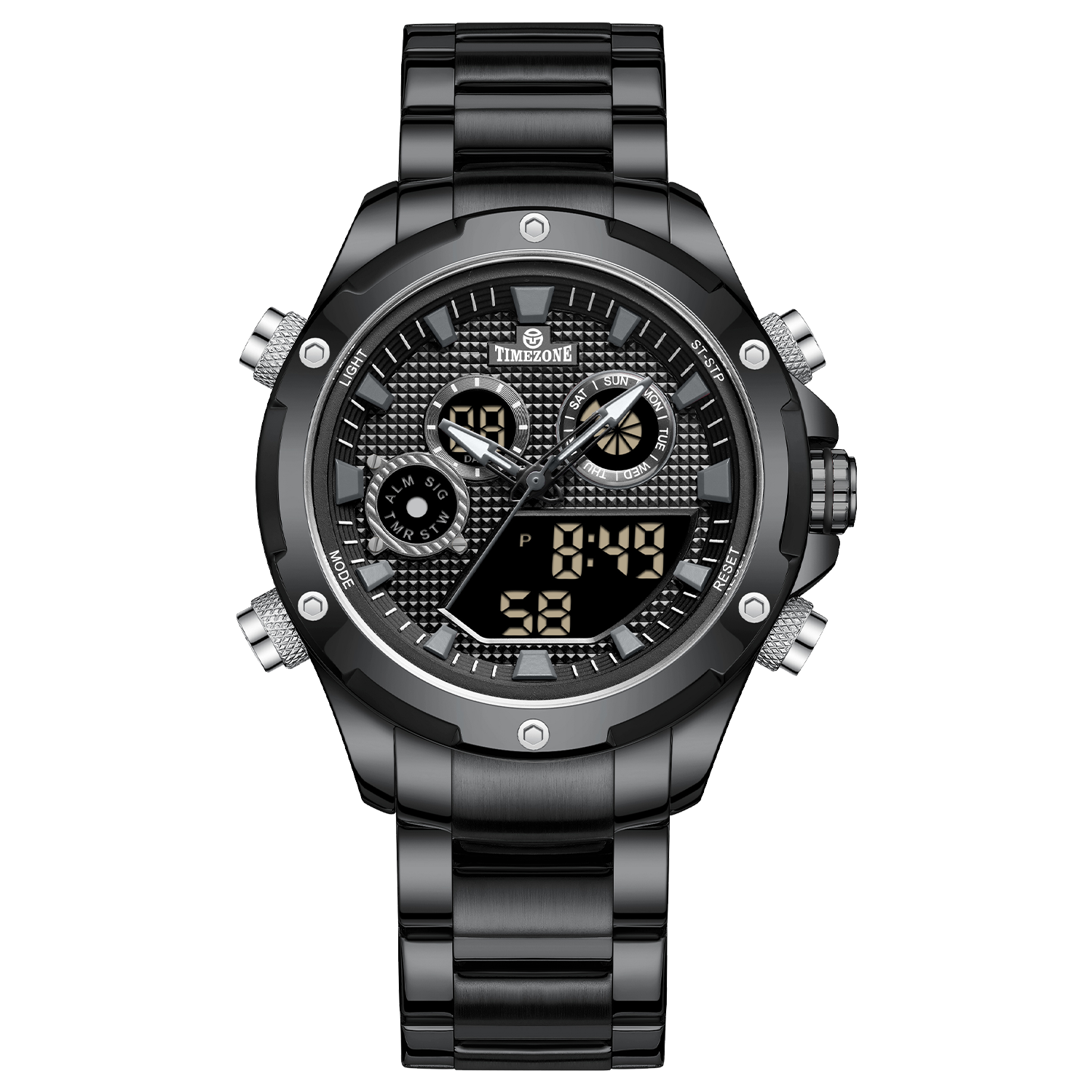 A black-colored stainless steel watch with a digital display and a traditional analog date display, featuring a textured dial and a black band. Discover timezone watches: elegant branded wrist watch for men in pakistan.