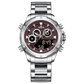A silver-colored stainless steel watch with a digital display and a traditional analog date display, featuring a textured dial and a silver band. Discover timezone watches: elegant branded wrist watch for men in pakistan.