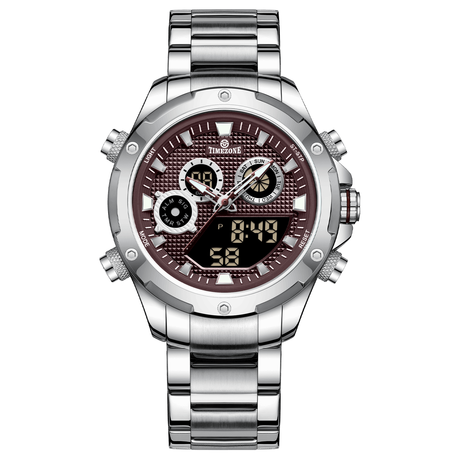 A silver-colored stainless steel watch with a digital display and a traditional analog date display, featuring a textured dial and a silver band. Discover timezone watches: elegant branded wrist watch for men in pakistan.
