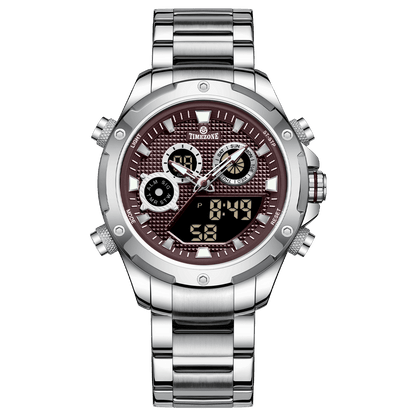 A silver-colored stainless steel watch with a digital display and a traditional analog date display, featuring a textured dial and a silver band. Discover timezone watches: elegant branded wrist watch for men in pakistan.
