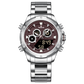 A silver-colored stainless steel watch with a digital display and a traditional analog date display, featuring a textured dial and a silver band. Discover timezone watches: elegant branded wrist watch for men in pakistan.