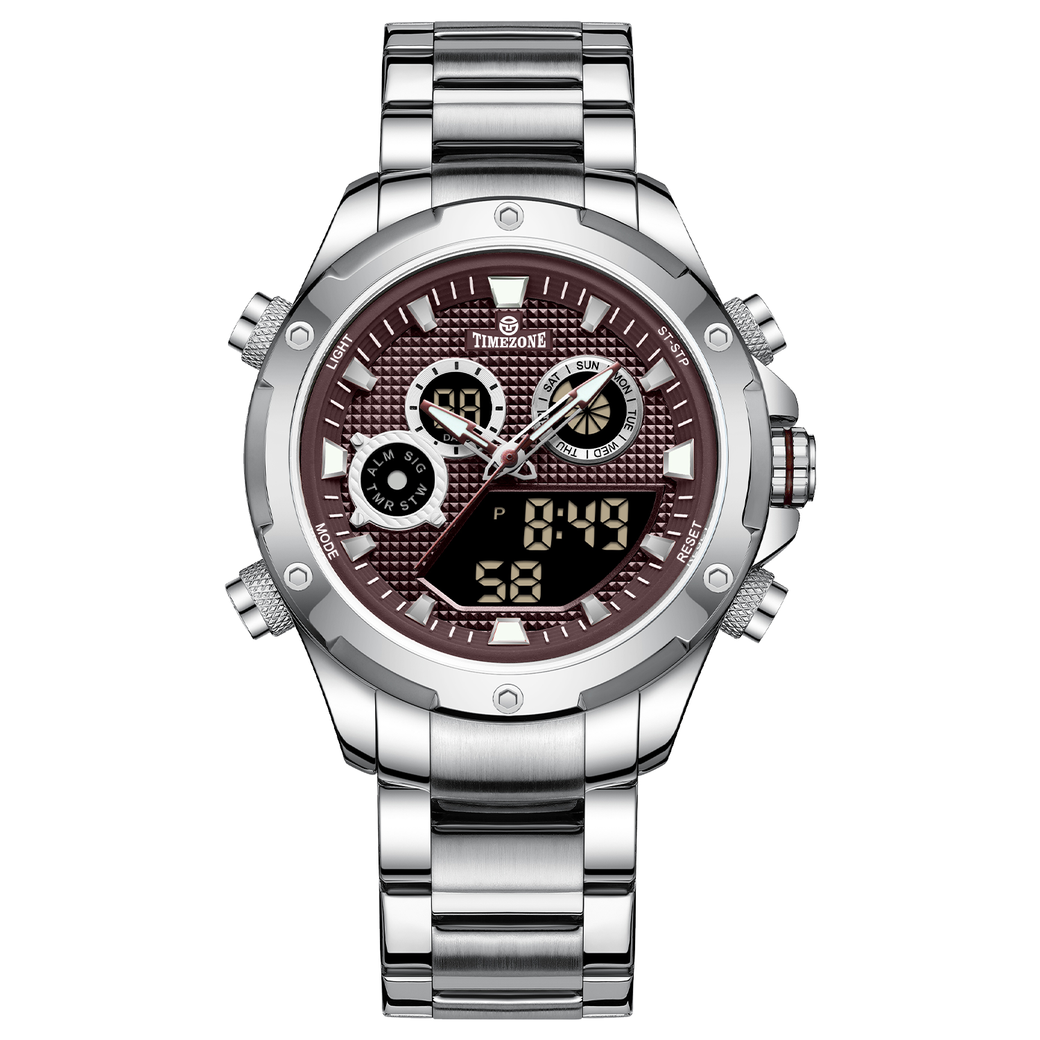 A silver-colored stainless steel watch with a digital display and a traditional analog date display, featuring a textured dial and a silver band. Discover timezone watches: elegant branded wrist watch for men in pakistan.