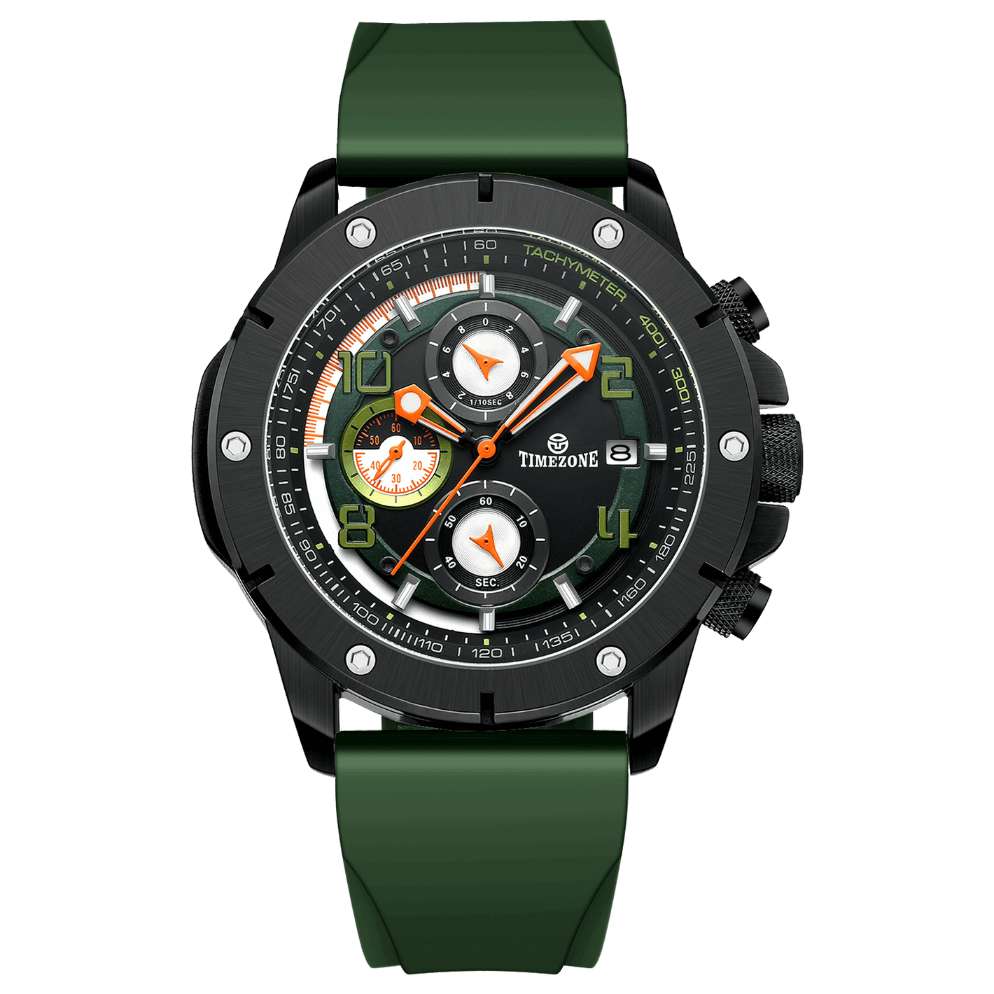 A red-banded, black-faced TZ-1306 Solace Phoenix watch with a date display and multiple sub-dials for chronograph functionality. Discover timezone watches: elegant branded wrist watch for men in pakistan.