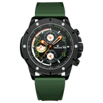 A red-banded, black-faced TZ-1306 Solace Phoenix watch with a date display and multiple sub-dials for chronograph functionality. Discover timezone watches: elegant branded wrist watch for men in pakistan.