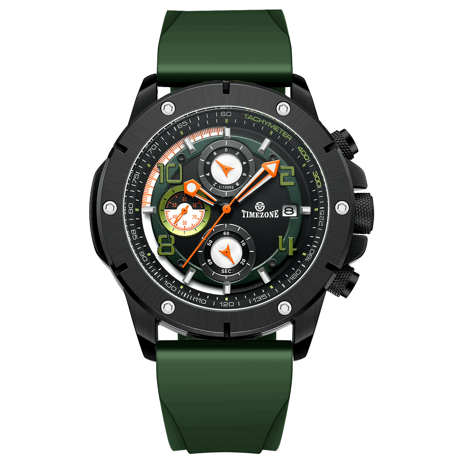 A red-banded, black-faced TZ-1306 Solace Phoenix watch with a date display and multiple sub-dials for chronograph functionality. Discover timezone watches: elegant branded wrist watch for men in pakistan.