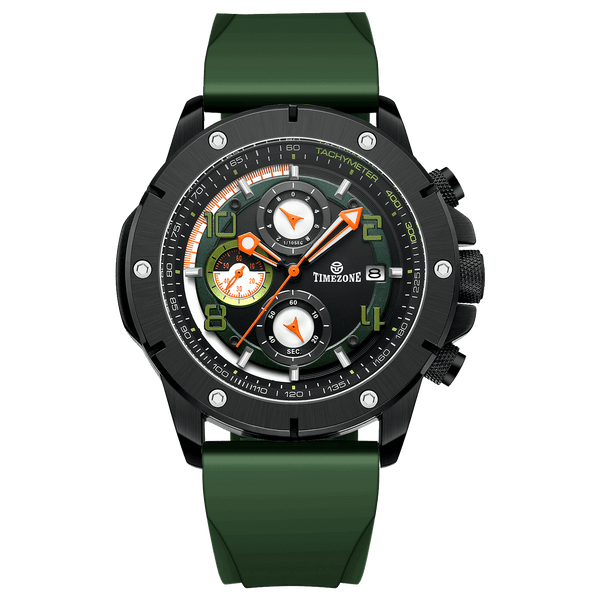 A red-banded, black-faced TZ-1306 Solace Phoenix watch with a date display and multiple sub-dials for chronograph functionality. Discover timezone watches: elegant branded wrist watch for men in pakistan.