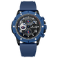 A blue-banded, black-faced TZ-1306 Solace Phoenix watch with a date display and multiple sub-dials for chronograph functionality. Discover timezone watches: elegant branded wrist watch for men in pakistan.