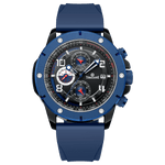 A blue-banded, black-faced TZ-1306 Solace Phoenix watch with a date display and multiple sub-dials for chronograph functionality. Discover timezone watches: elegant branded wrist watch for men in pakistan.