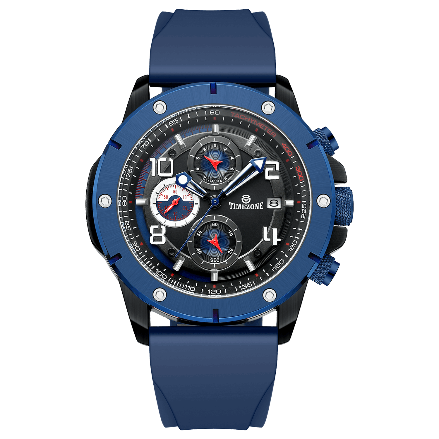 A blue-banded, black-faced TZ-1306 Solace Phoenix watch with a date display and multiple sub-dials for chronograph functionality. Discover timezone watches: elegant branded wrist watch for men in pakistan.