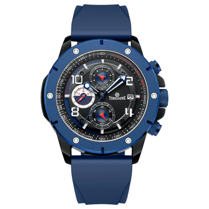 A blue-banded, black-faced TZ-1306 Solace Phoenix watch with a date display and multiple sub-dials for chronograph functionality. Discover timezone watches: elegant branded wrist watch for men in pakistan.