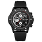 A black-banded, black-faced TZ-1306 Solace Phoenix watch with a date display and multiple sub-dials for chronograph functionality. Discover timezone watches: elegant branded wrist watch for men in pakistan.