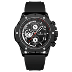 A black-banded, black-faced TZ-1306 Solace Phoenix watch with a date display and multiple sub-dials for chronograph functionality. Discover timezone watches: elegant branded wrist watch for men in pakistan.