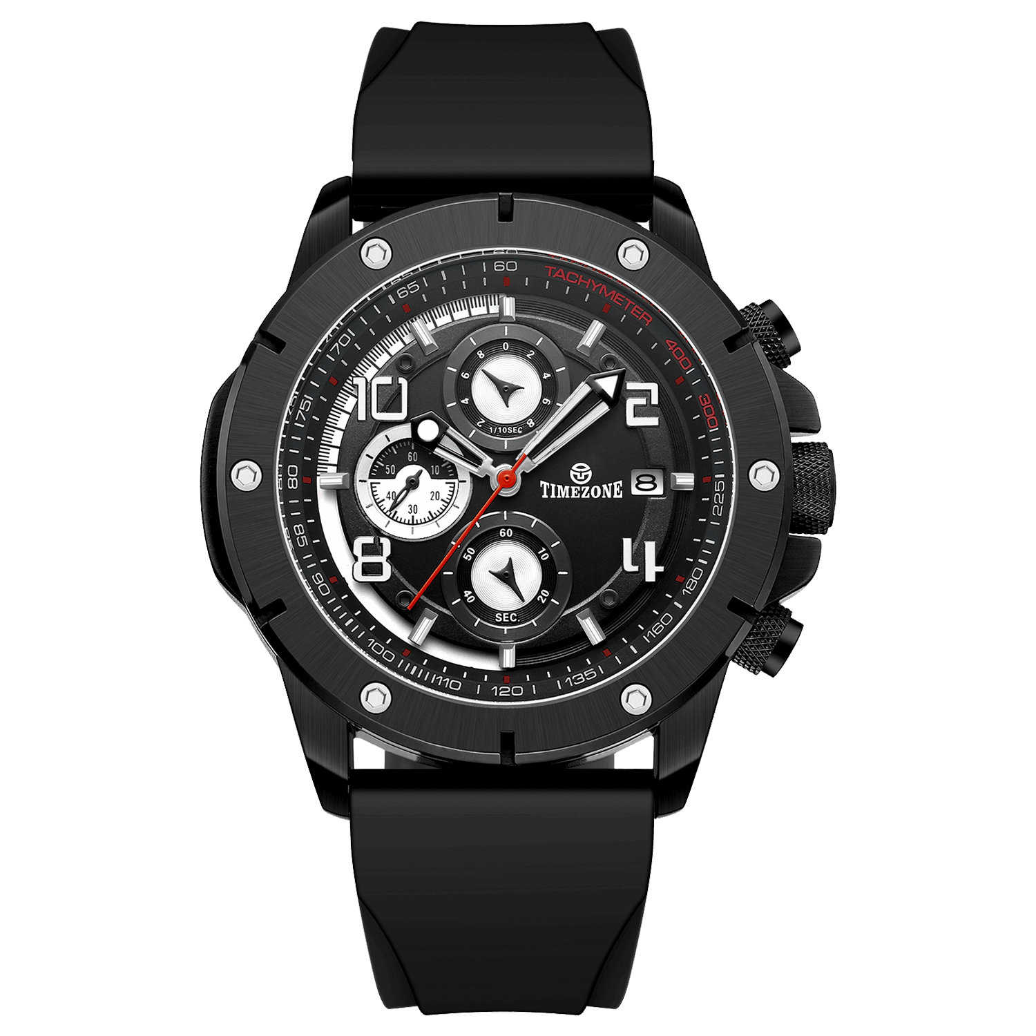 A black-banded, black-faced TZ-1306 Solace Phoenix watch with a date display and multiple sub-dials for chronograph functionality. Discover timezone watches: elegant branded wrist watch for men in pakistan.