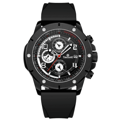 A black-banded, black-faced TZ-1306 Solace Phoenix watch with a date display and multiple sub-dials for chronograph functionality. Discover timezone watches: elegant branded wrist watch for men in pakistan.