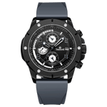 A grey-banded, black-faced TZ-1306 Solace Phoenix watch with a date display and multiple sub-dials for chronograph functionality. Discover timezone watches: elegant branded wrist watch for men in pakistan.