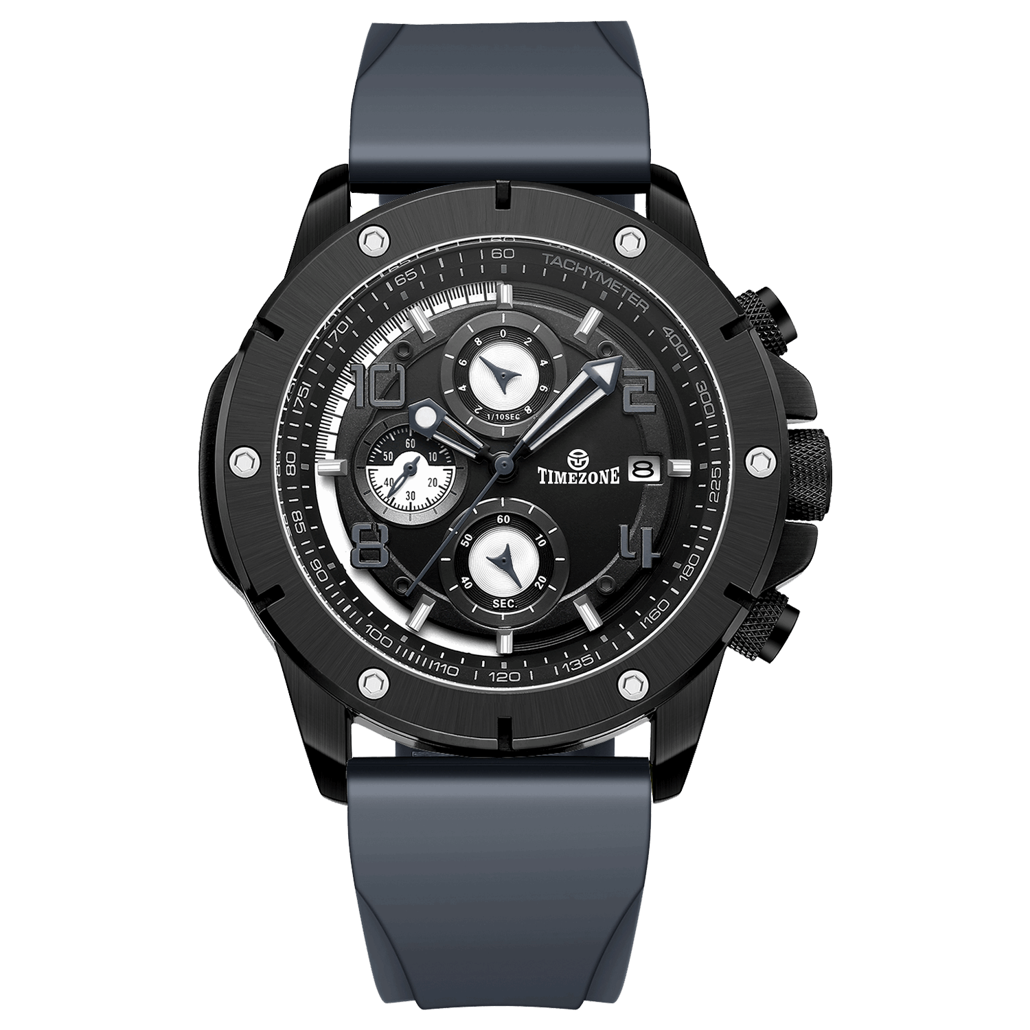 A grey-banded, black-faced TZ-1306 Solace Phoenix watch with a date display and multiple sub-dials for chronograph functionality. Discover timezone watches: elegant branded wrist watch for men in pakistan.