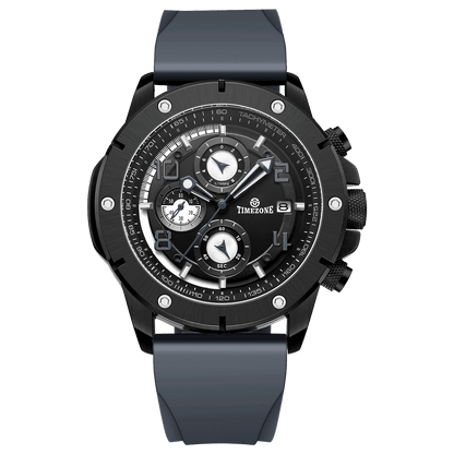 A grey-banded, black-faced TZ-1306 Solace Phoenix watch with a date display and multiple sub-dials for chronograph functionality. Discover timezone watches: elegant branded wrist watch for men in pakistan.