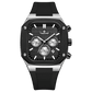 A black and silver analog watch with a silicone band and a date display. Discover timezone watches: elegant branded wrist watch for men in pakistan.