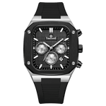 A black and silver analog watch with a silicone band and a date display. Discover timezone watches: elegant branded wrist watch for men in pakistan.