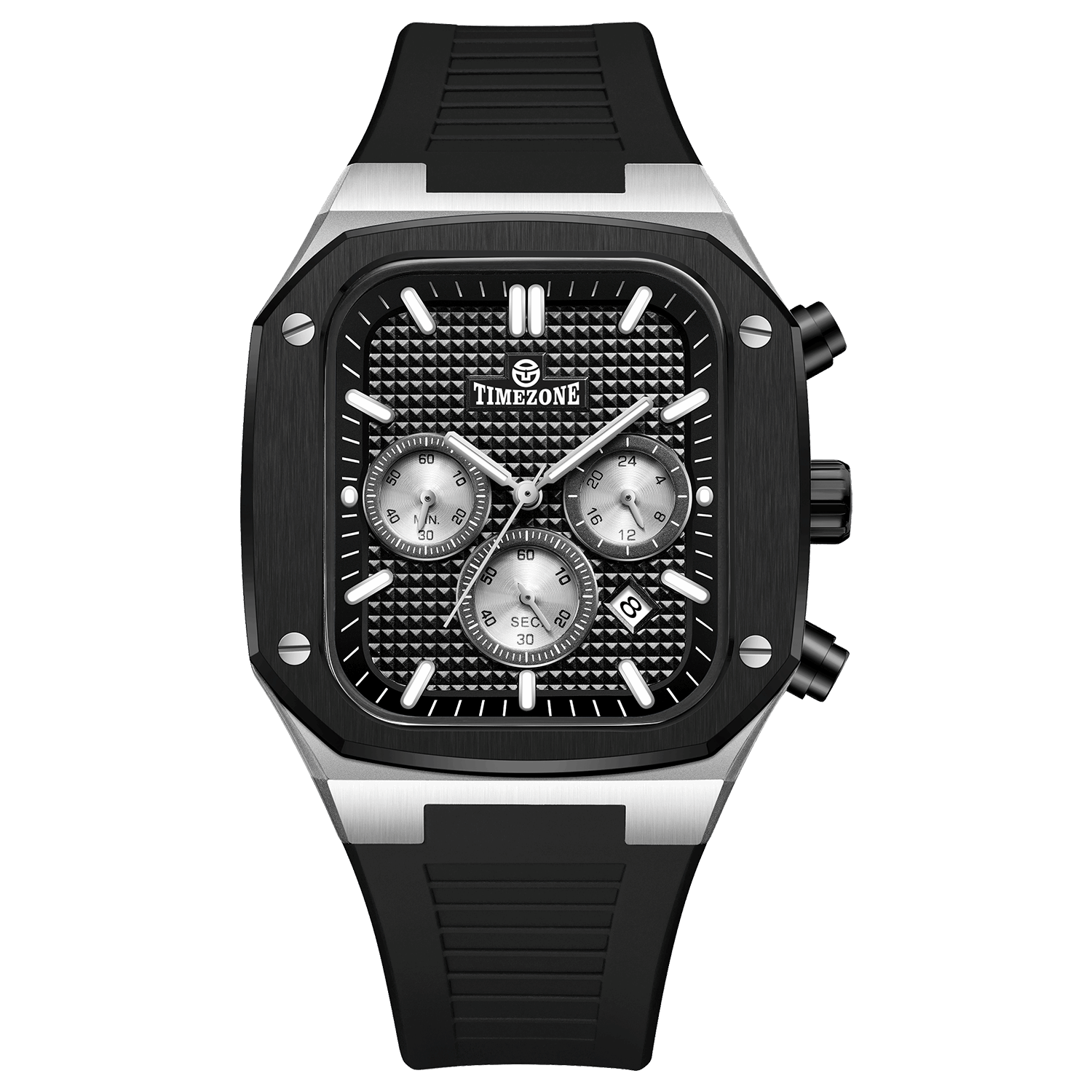 A black and silver analog watch with a silicone band and a date display. Discover timezone watches: elegant branded wrist watch for men in pakistan.