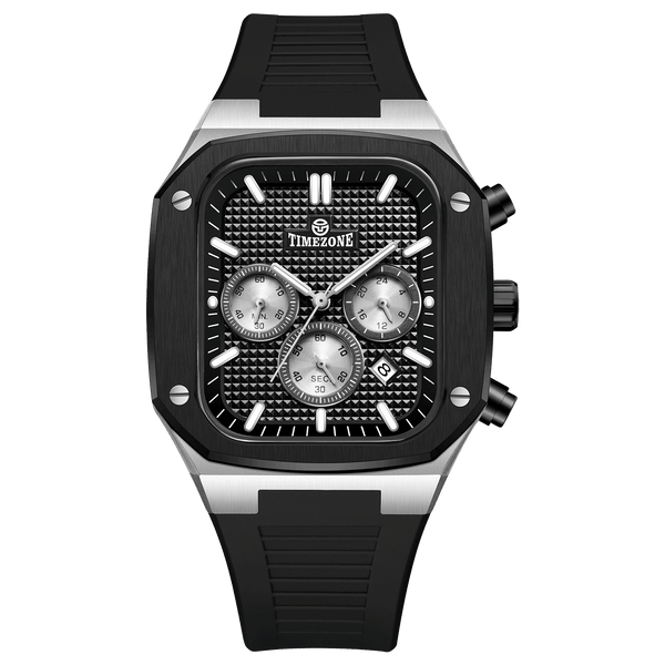 A black and silver analog watch with a silicone band and a date display. Discover timezone watches: elegant branded wrist watch for men in pakistan.