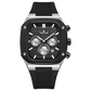 A black and silver analog watch with a silicone band and a date display. Discover timezone watches: elegant branded wrist watch for men in pakistan.