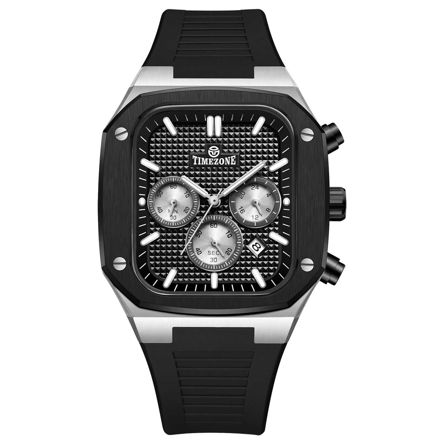 A black and silver analog watch with a silicone band and a date display. Discover timezone watches: elegant branded wrist watch for men in pakistan.