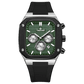 A black and green analog watch with a silicone band and a date display. Discover timezone watches: elegant branded wrist watch for men in pakistan.
