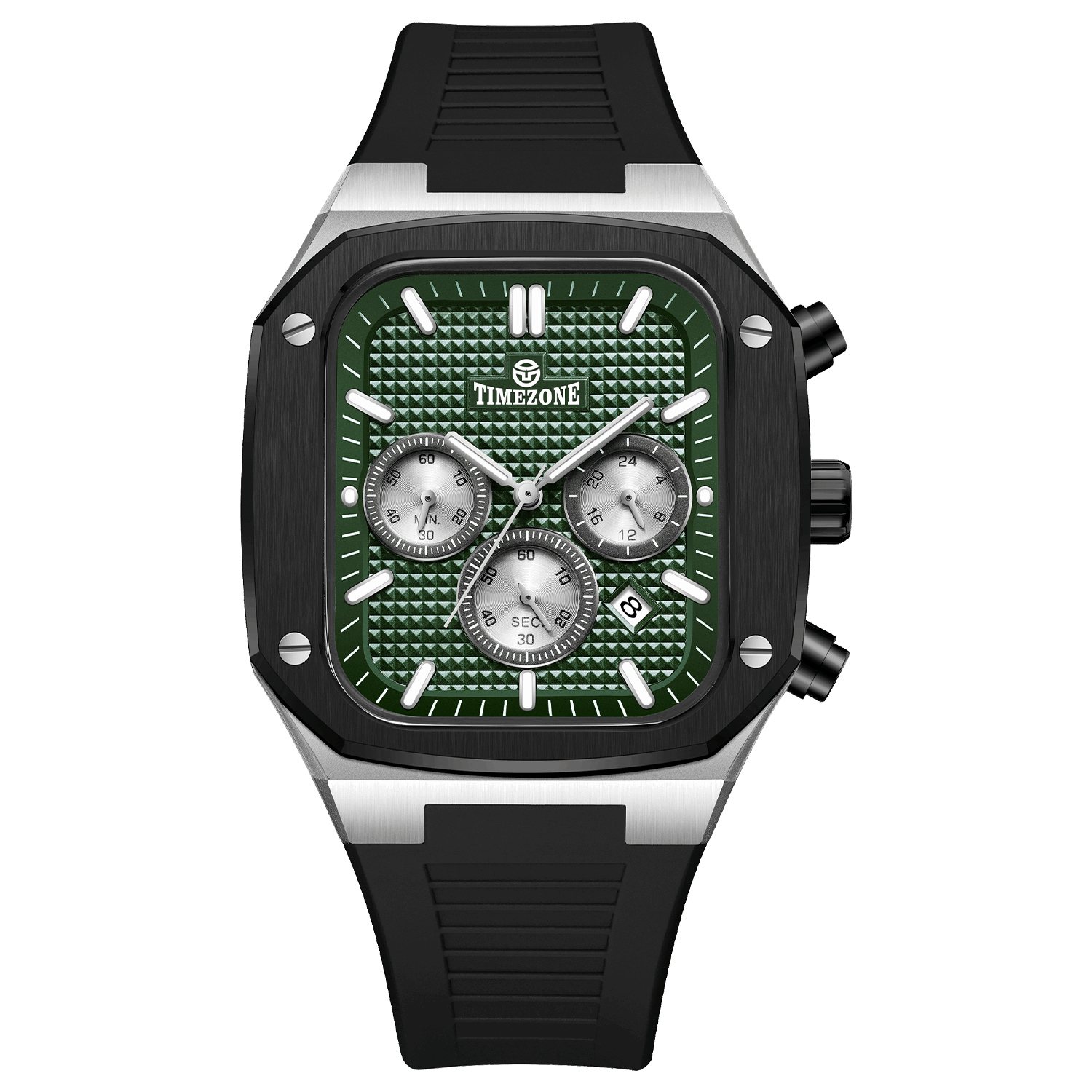 A black and green analog watch with a silicone band and a date display. Discover timezone watches: elegant branded wrist watch for men in pakistan.