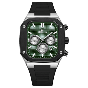 A black and green analog watch with a silicone band and a date display. Discover timezone watches: elegant branded wrist watch for men in pakistan.