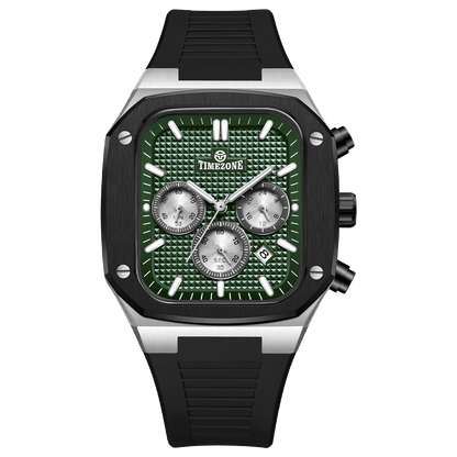 A black and green analog watch with a silicone band and a date display. Discover timezone watches: elegant branded wrist watch for men in pakistan.