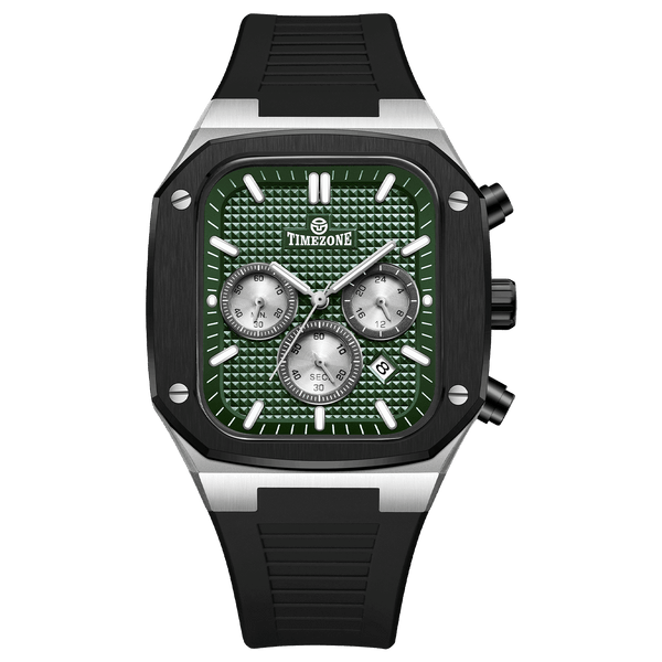 A black and green analog watch with a silicone band and a date display. Discover timezone watches: elegant branded wrist watch for men in pakistan.