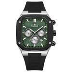 A black and green analog watch with a silicone band and a date display. Discover timezone watches: elegant branded wrist watch for men in pakistan.