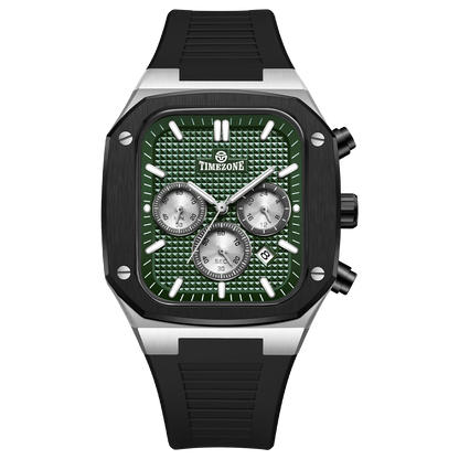 A black and green analog watch with a silicone band and a date display. Discover timezone watches: elegant branded wrist watch for men in pakistan.