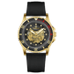 Branded wrist watch for men in pakistan. A gold-toned Monarch Prestige watch with a black leather band and a skeleton dial visible through the transparent case back.