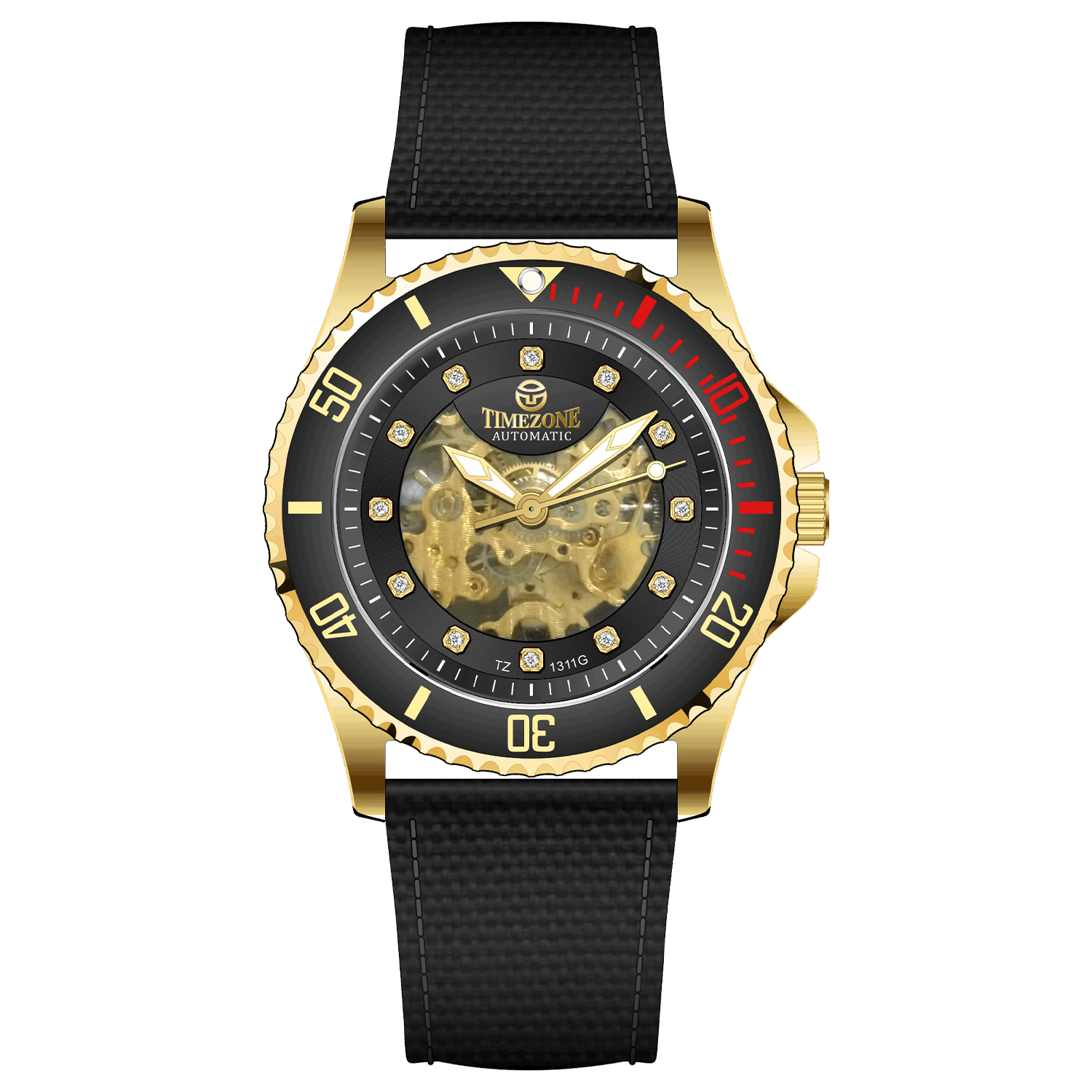 Branded wrist watch for men in pakistan. A gold-toned Monarch Prestige watch with a black leather band and a skeleton dial visible through the transparent case back.