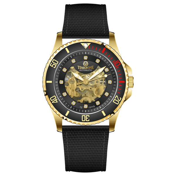 Branded wrist watch for men in pakistan. A gold-toned Monarch Prestige watch with a black leather band and a skeleton dial visible through the transparent case back.