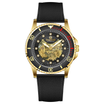 Branded wrist watch for men in pakistan. A gold-toned Monarch Prestige watch with a black leather band and a skeleton dial visible through the transparent case back.